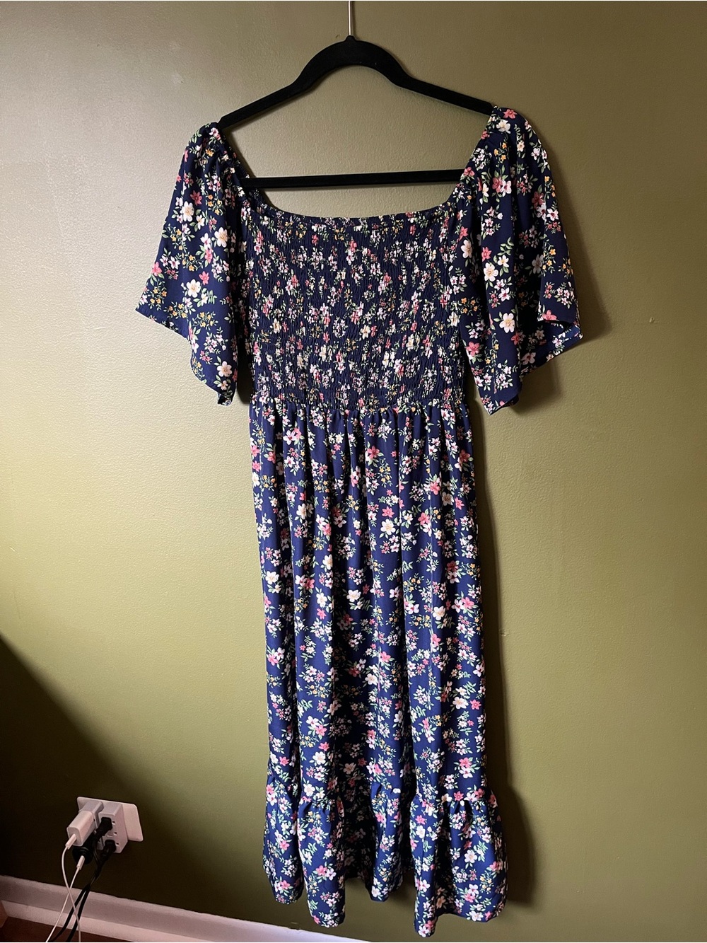 SHEIN Floral Smocked Navy Midi Dress